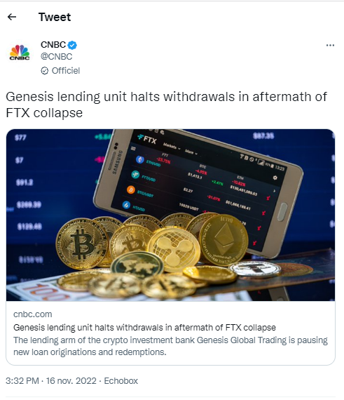 Tweet de CNBC pour annoncer la suspension des retraits sur Genesis