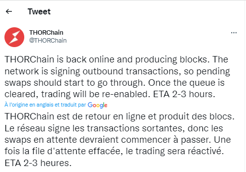 Tweet de Thorchain annonçant le redémarrage progressif du réseau