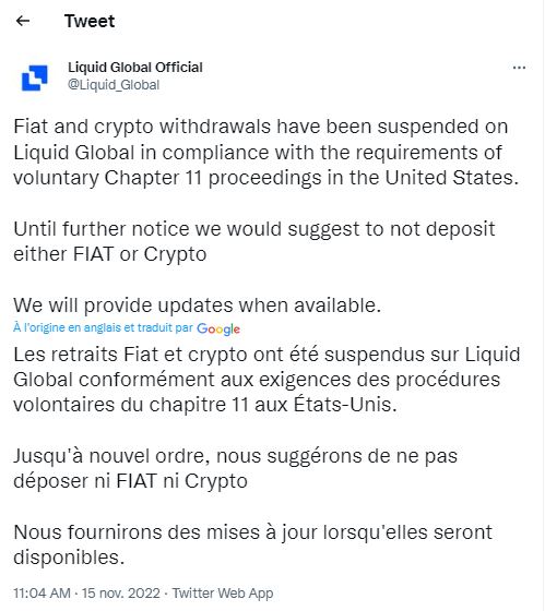 Tweet from the Liquid exchange announcing the withdrawal freeze