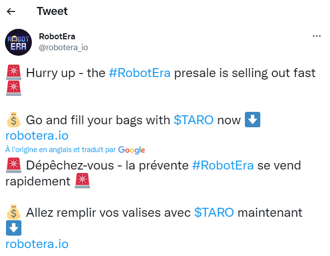 Tweet du projet RobotEra sur sa prévente