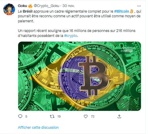 Tweet annonçant l'intention du Brésil d'approuver le Bitcoin comme moyen de paiement